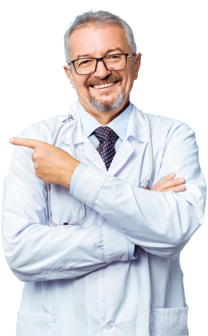 Docteur souriant pointant vers le texte